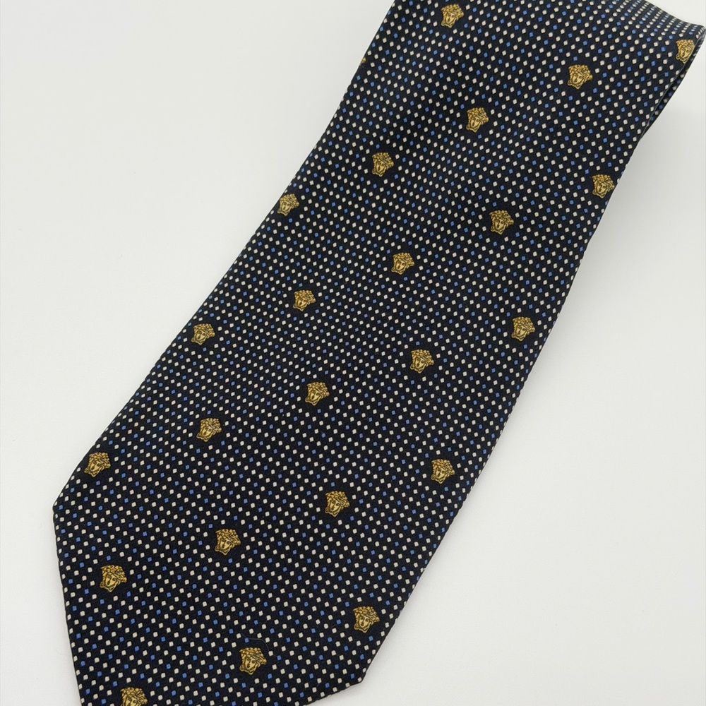 Versace 100% Silk Neck Tie Mens Blue Gold Check Medusa Made in Italy